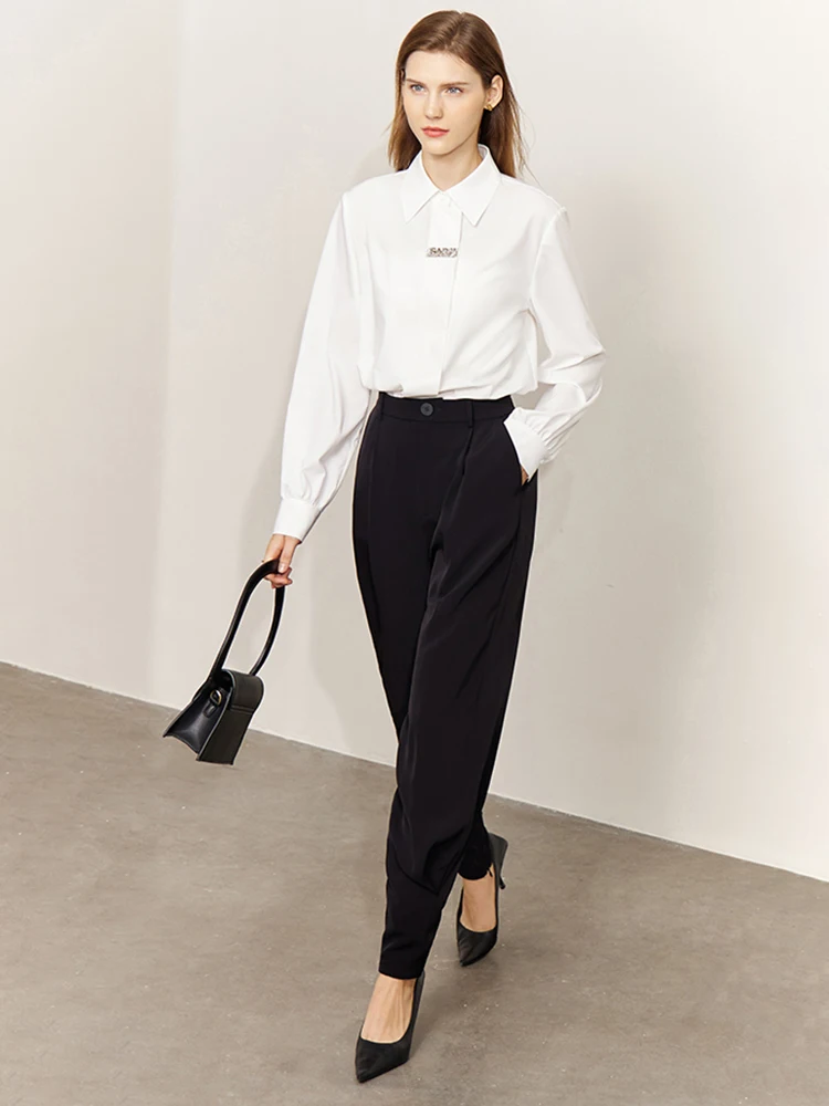 AMII Minimalism 2023 Women Shirt Autumn New White Office Lady Long Sleeve Turn-down Collar Solid Female Shirt & Blouse 12341175