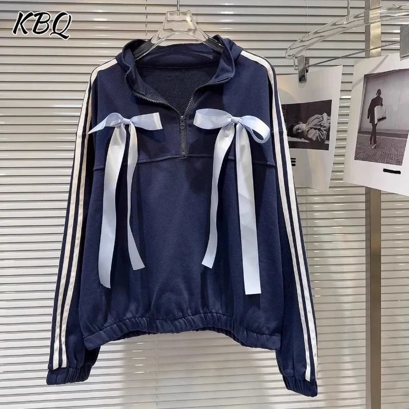 KBQ Spring New Sweet Cool Hot Girl Ribbon Bow Design Half Zipper Hoodie Coat For Women Stand Collar Long Sleeve Chic Coat Female