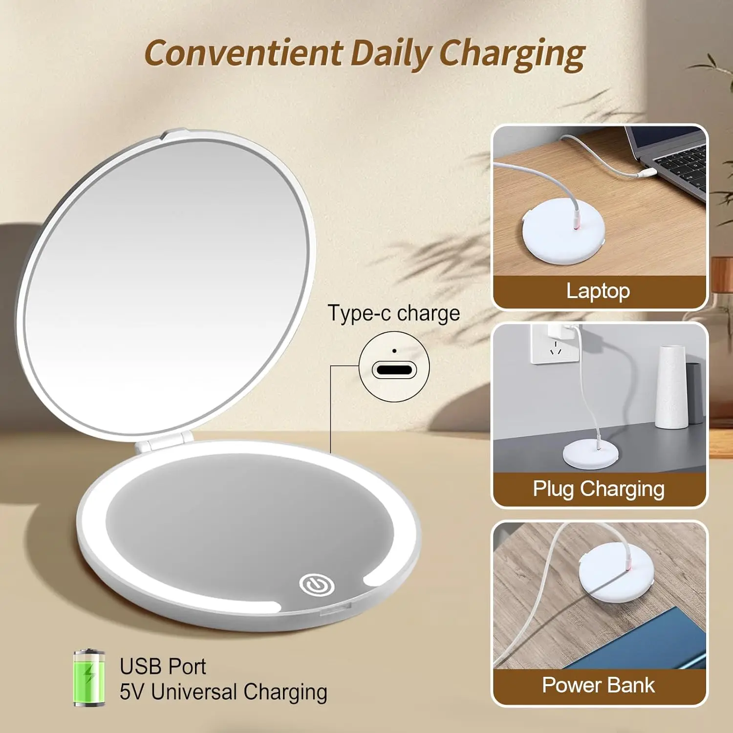 Beleuchteter Schminkspiegel mit Vergrößerung, kompakter Reisespiegel, tragbarer, über USB wiederaufladbarer Mini-LED-Taschenspiegel mit Touchscreen