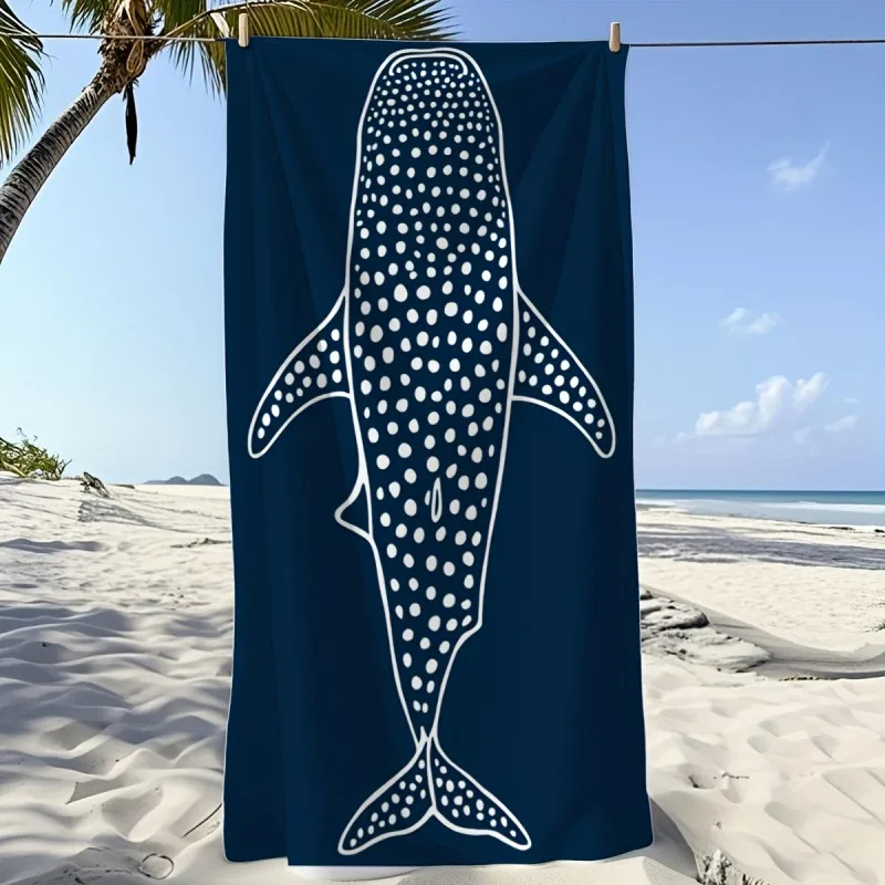 White Spotted Whale Shark Line Silhouette Navy Background Beach Towel Quick Dry Microfiber Towel For Pool Beach Bath Outdoor Use