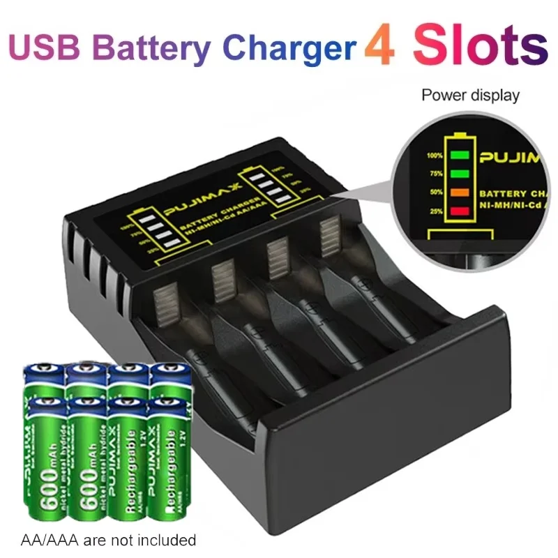 USB Battery Charger 4 Slots Intelligent With LED Indicator USB Charger For No.5/7 Rechargeable Batteries AAA/AA Battery Charger