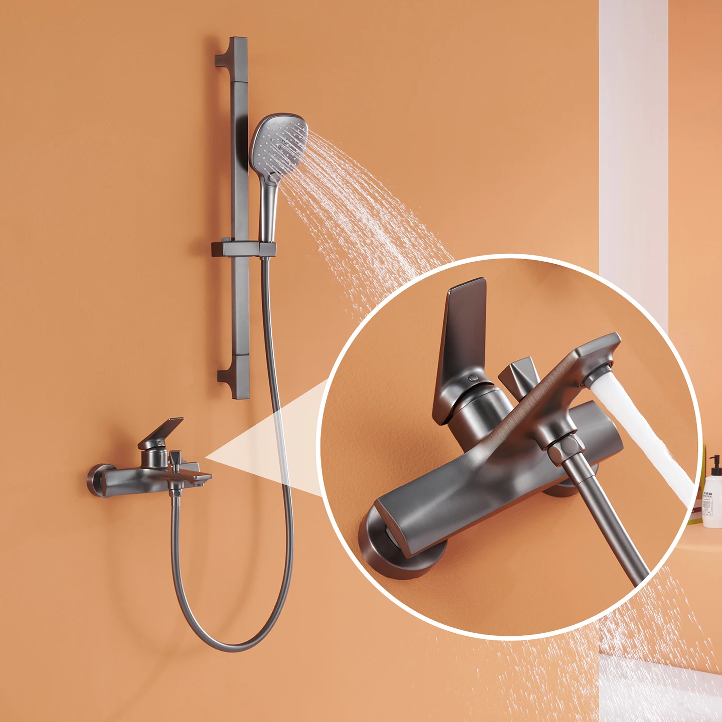 

Shower Bath Tub Faucet with 3 Function Handheld Shower Wall Mounted Bathtub Faucet with Adjustable Showerhead Holder Gray