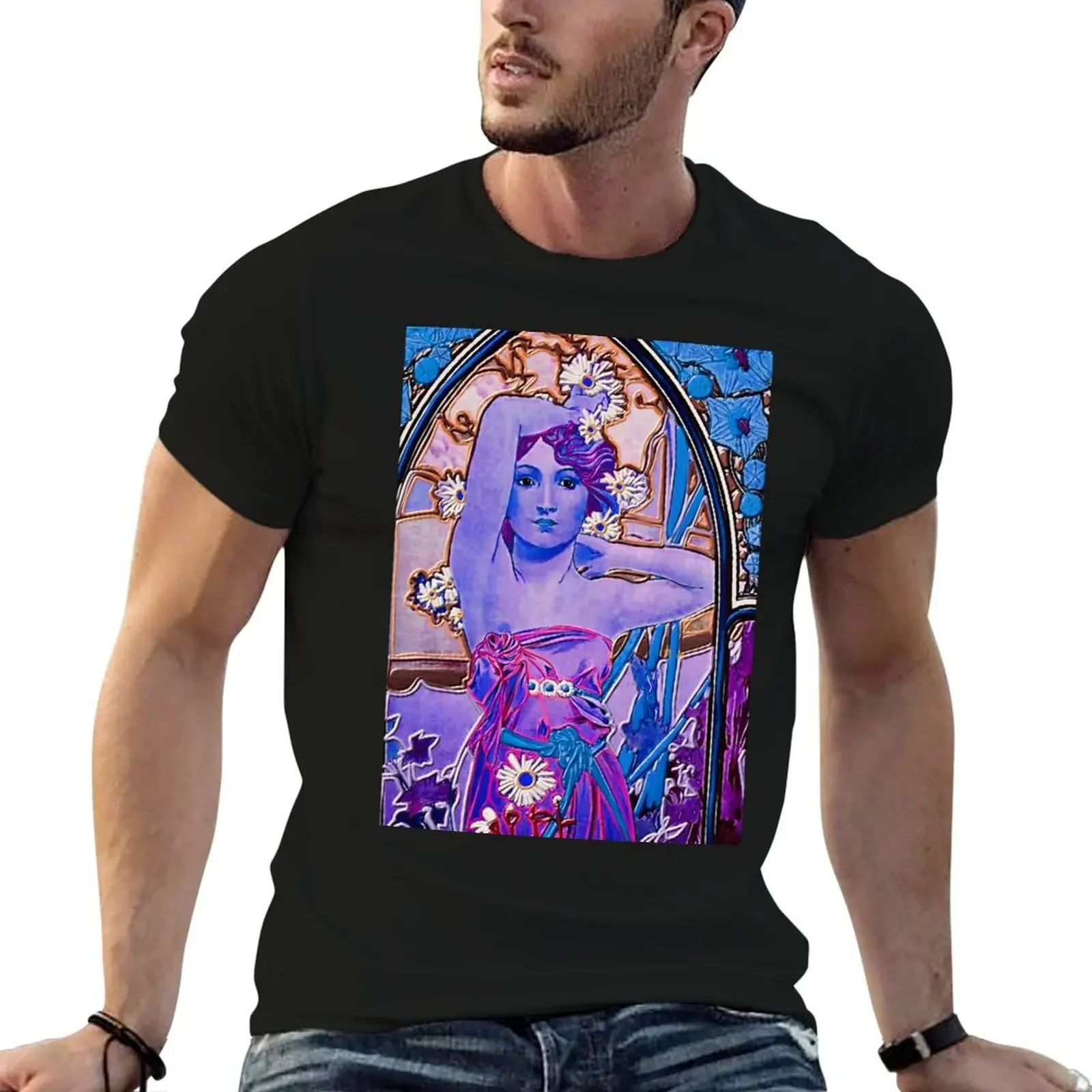 Fresh faces. Lilac lady (Alphonse Mucha) T-Shirt shirts graphic tee blacks Men's t-shirts