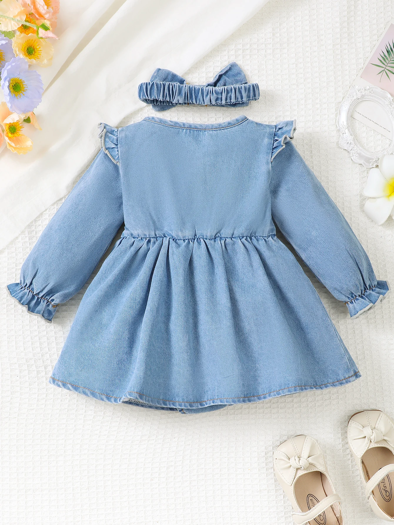 Inverno recém-nascido infantil 0-18 meses bebê menina vestido de manga longa denim macacão princesa vestidos de festa com argola de cabelo