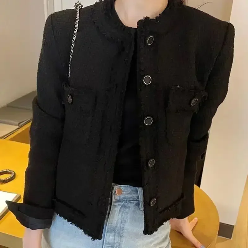 Jacket Women's Korean O-neck Single Breasted Pocket Loose French Style Inner Street Clothing Harajuku Clothing Sweatshirt 2024