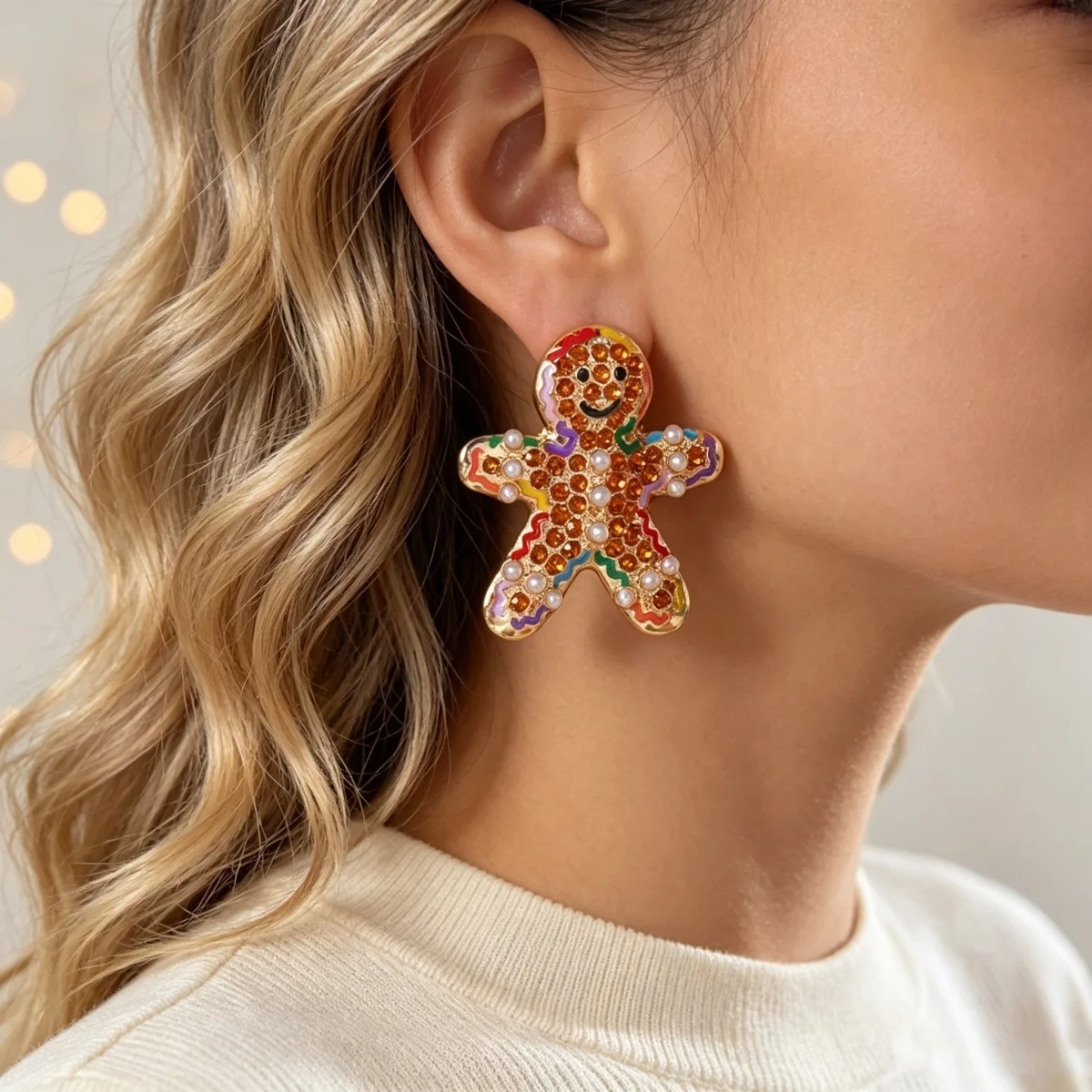Lustige Ohrstecker mit simulierten Perlen und Weihnachts-Lebkuchenmann-Motiv für Damen, kreative Acryl-Ohrringe mit winkenden Lebkuchen-Männchen, Schmuck – Detail 7