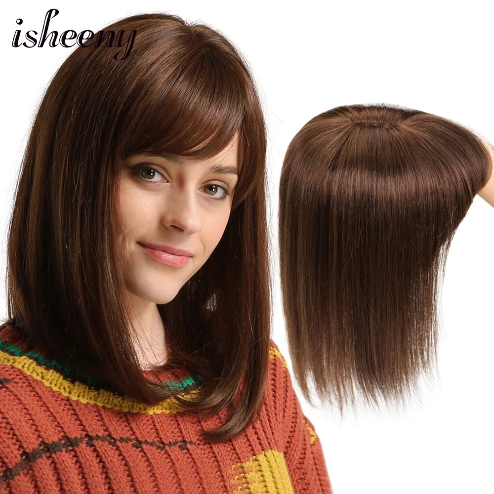 Isheeny 갈색 여성용 토퍼, 앞머리 포함, 중간 부분 클립, 위사 헤어 익스텐션, 25-35cm 천연 인모 조각, 13x13cm 