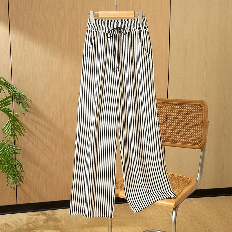 

Winsleter- Women 76% Silk Elegant Trousers, Elastic Waist Pocket Striped, Fashion Casual Straight Pants, Autumn Winter B4D417CC
