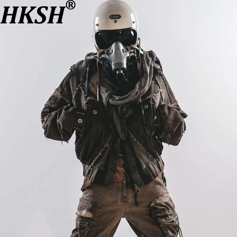 

HKSH Spring Autumn Winter New Men Punk Tide Retro Washed Patchwork 3D Cut Hooded Watse Land Jacket Dark Avant-Garde Coat HK17060