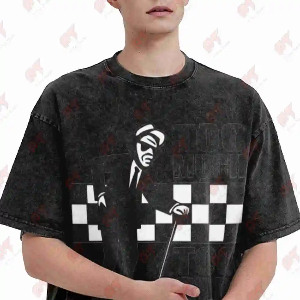 Vintage Ska Music 2 Tone Retro Checkered Design Too Much Old Slogan Records Vintage Washed Tee Pure Cotton T-Shirt