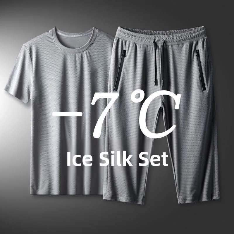 Ice Silk Men's Casual Pants Sports Set Air Conditioning Pants Quick Dry Trendy Large Size Short Sleeve T-Shirt Mesh Summer Wear