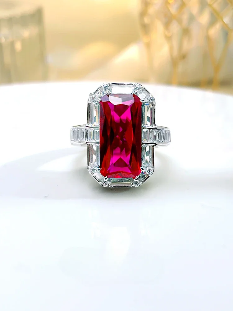 

Light Luxury Rectangular Red Treasure 925 Silver Ring Set with High Carbon Diamond Jadeite High End Banquet Style Jewelry