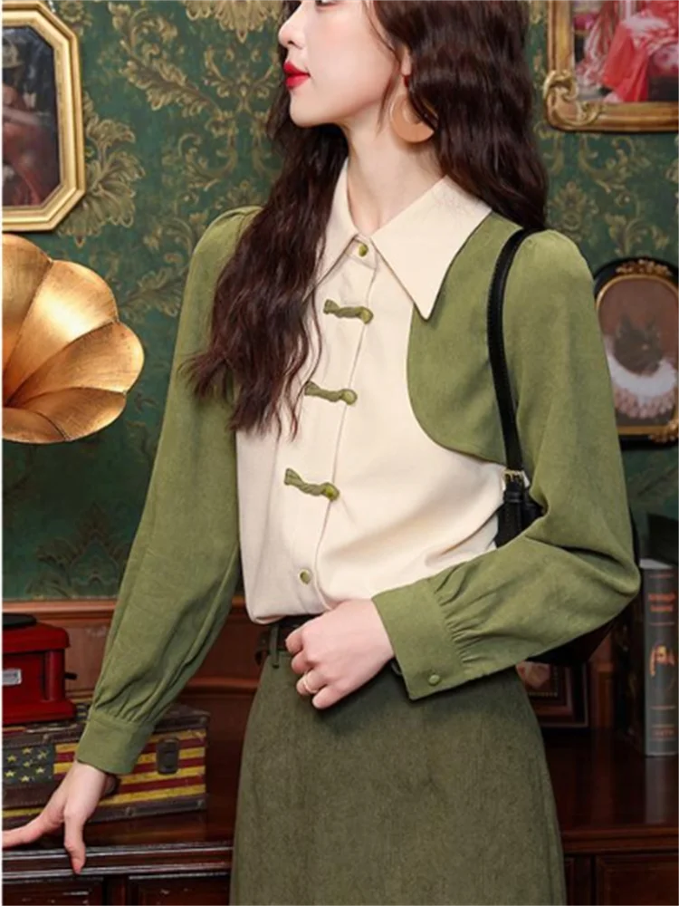 Retro เสื้อผู้หญิงเสื้อจีน Vintage Dial Buckle เสื้อจุดคอเสื้อสเวตเตอร์ถักเสื้อผ้าผู้หญิงเสื้อ Splice Blous