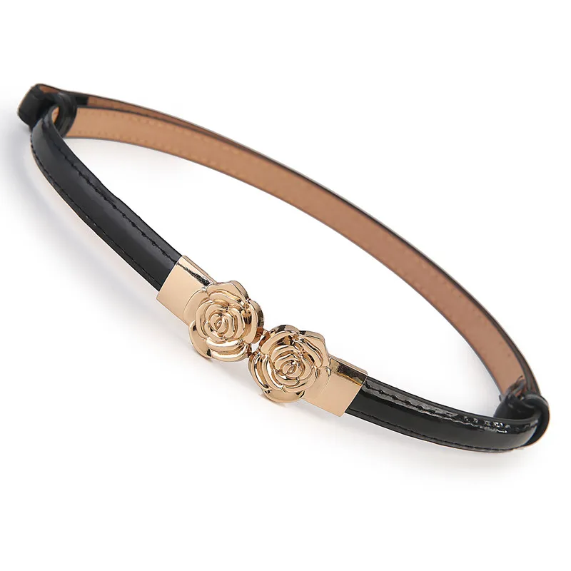 

Factory adjust belts for women bright gold color rose flower buckle thin belt PU Leather Smooth Surface waistband for dress girl