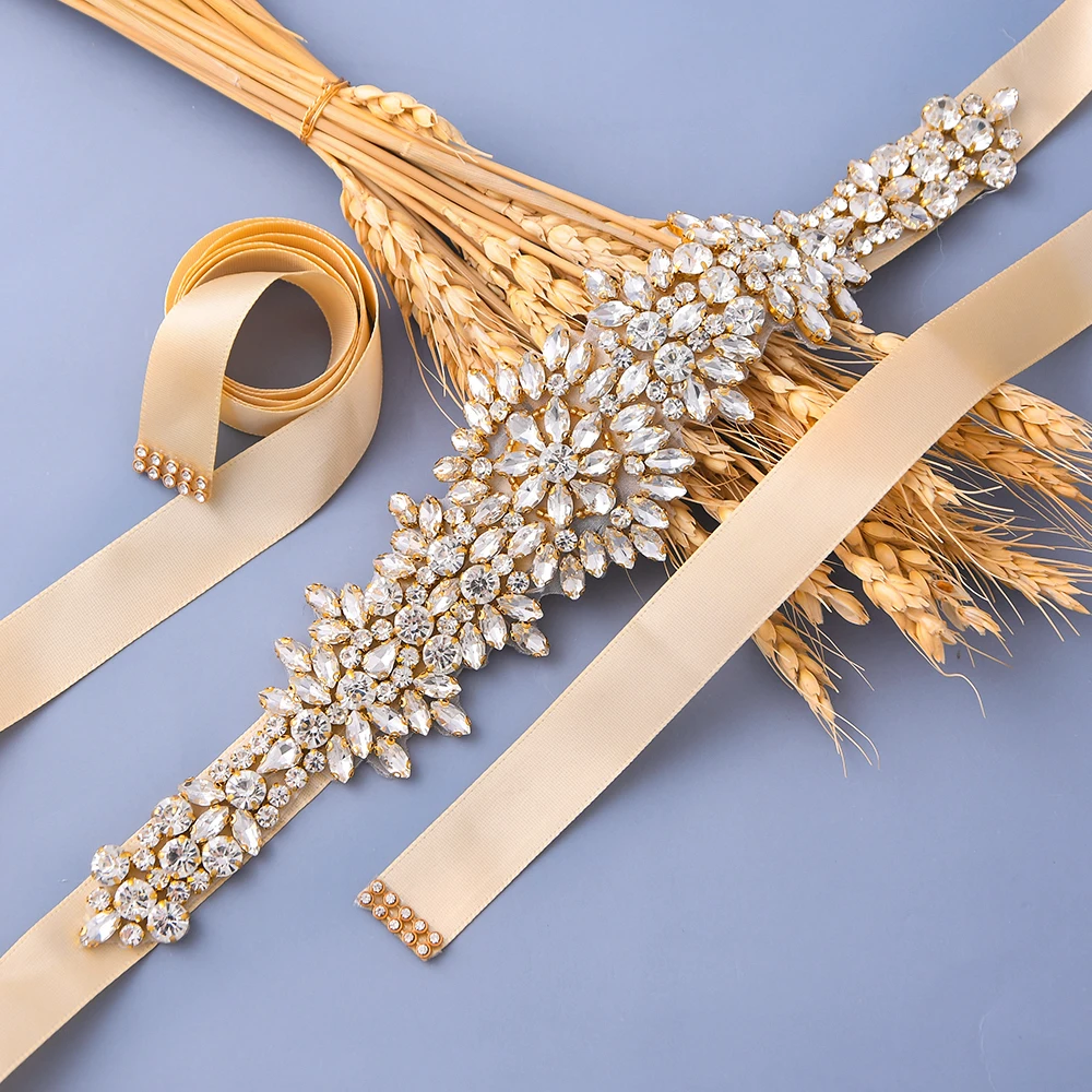 Plus Size Bridal Gowns Belts Golden Belts for Women Rhinestones Belt Girlfriend Luxury Ribbon Belt Wedding Sash S319-G