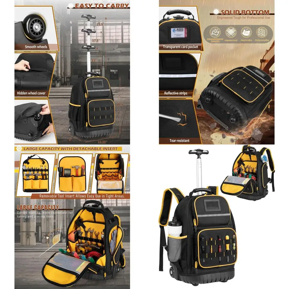 

Heavy-Duty Rolling Backpack with Detachable Tool Organizer, Black, Featuring Wheels and Multiple Pockets