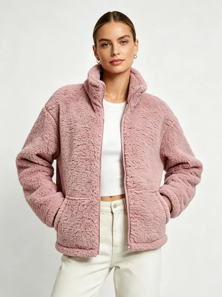 Women Sherpa Fleece Jacket Stand Collar Full Zip Fluffy Teddy Coat With Pockets Loose Warm Outerwear Fall Winter Casual Daily