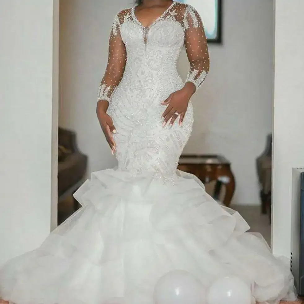 

Customized Sexy South African Mermaid Wedding Dresses Heavy Beaded Long Sleeve Layered Skirt Plus Size V Neck Wedding Dress