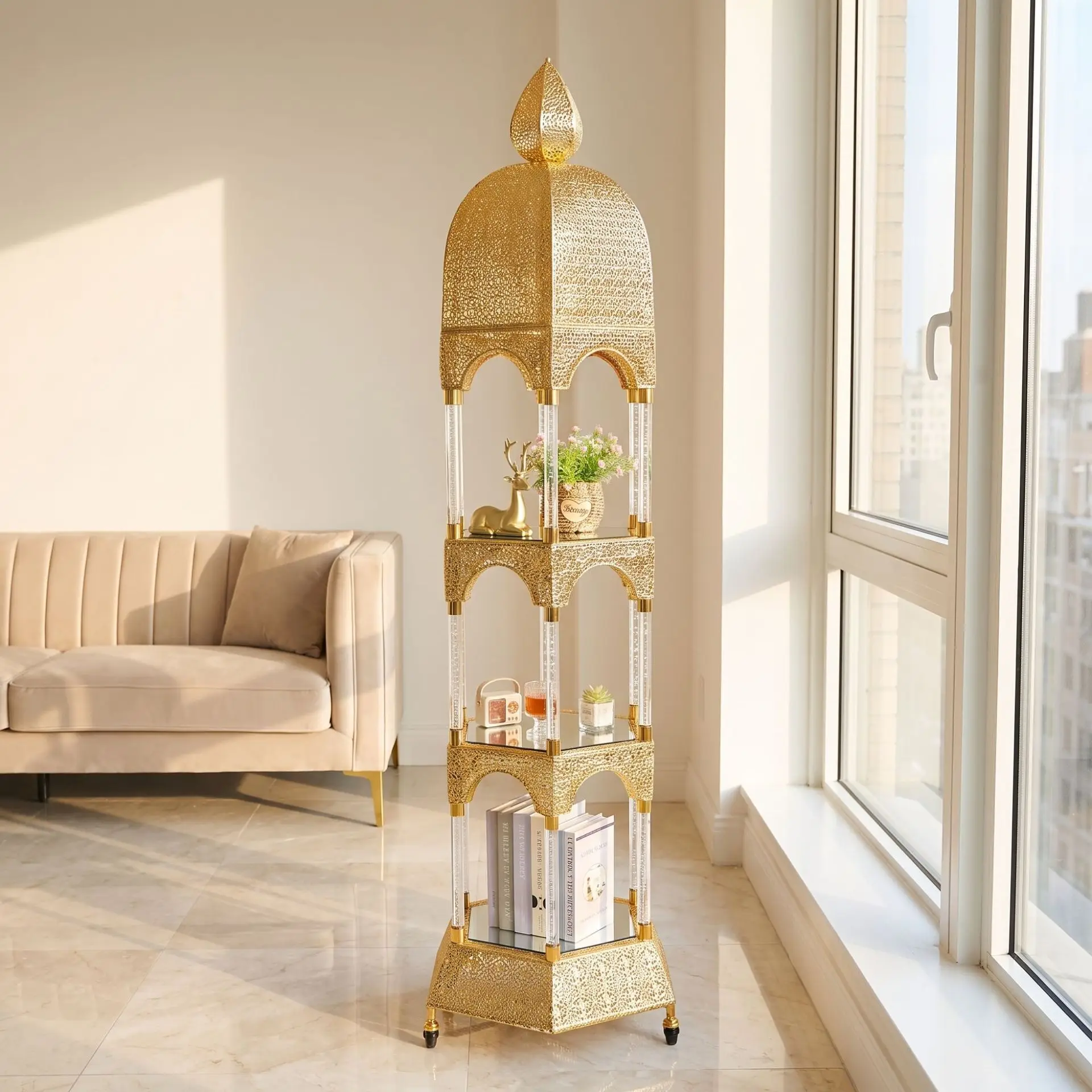 Gold hollow cart rack, wrought iron glass, three-layer movable, living room and bedroom storage rack