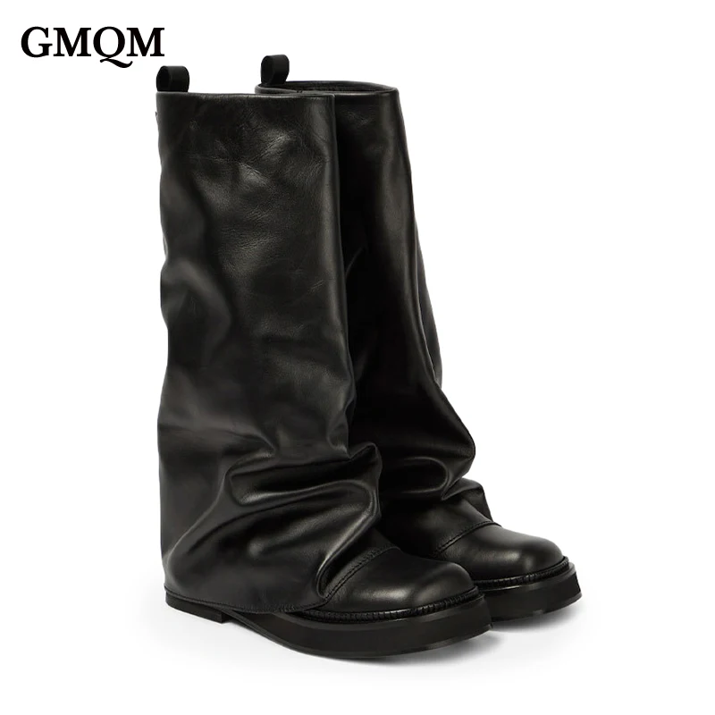 GMQM Brand Fashion 2024 New Autumn And Winter Round Head Long Boots Leather Boots Metal Knight Boots Fold Flat Boots Punk Style