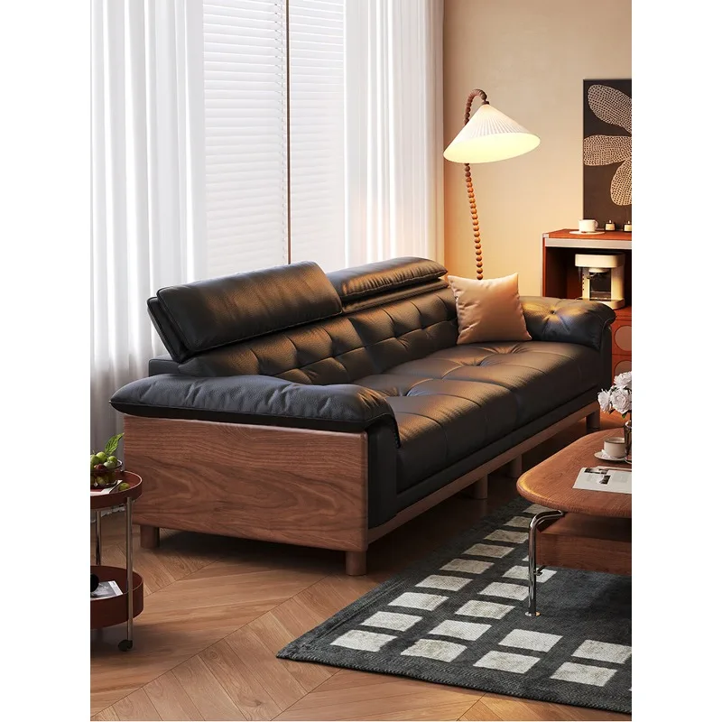 Medieval solid wood sofa, three-person leather straight row living room sofa