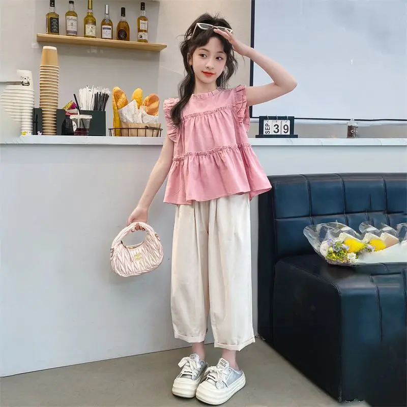 

Teenage Girls Clothing Sets Summer Kids Loose Sleeveless T-shirts + Wide Leg Pants 2PCS Children Clothes 6 8 10 12 14 Years