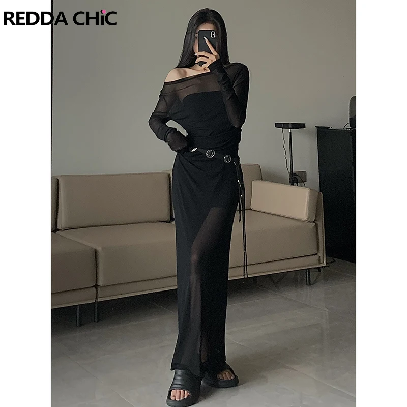 ReddaChic Women Sheer Smocked Slip Dress Set Coin Braided Leather Belt Slit Long Sleeves Casual Solid Black Dress Summer Clothes