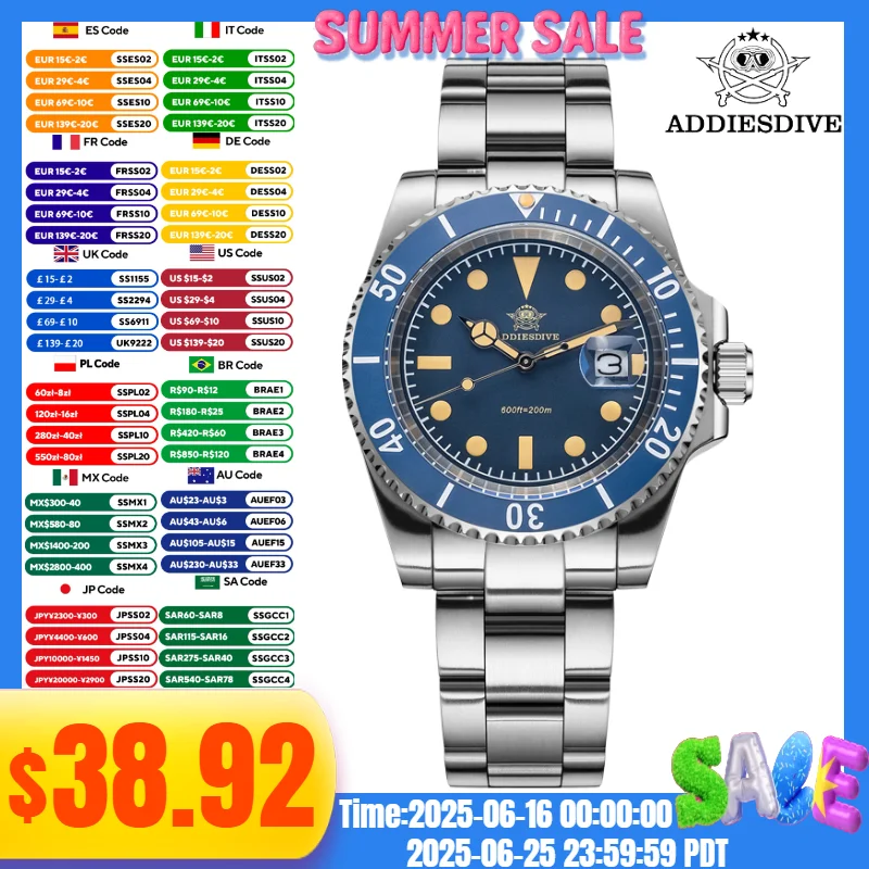 

ADDIESDIVE Men Fashion Watch Display Calendar 20Bar Waterproof C3 Super Luminous 316L Stainless Steel Quartz Watch Reloj Hombre