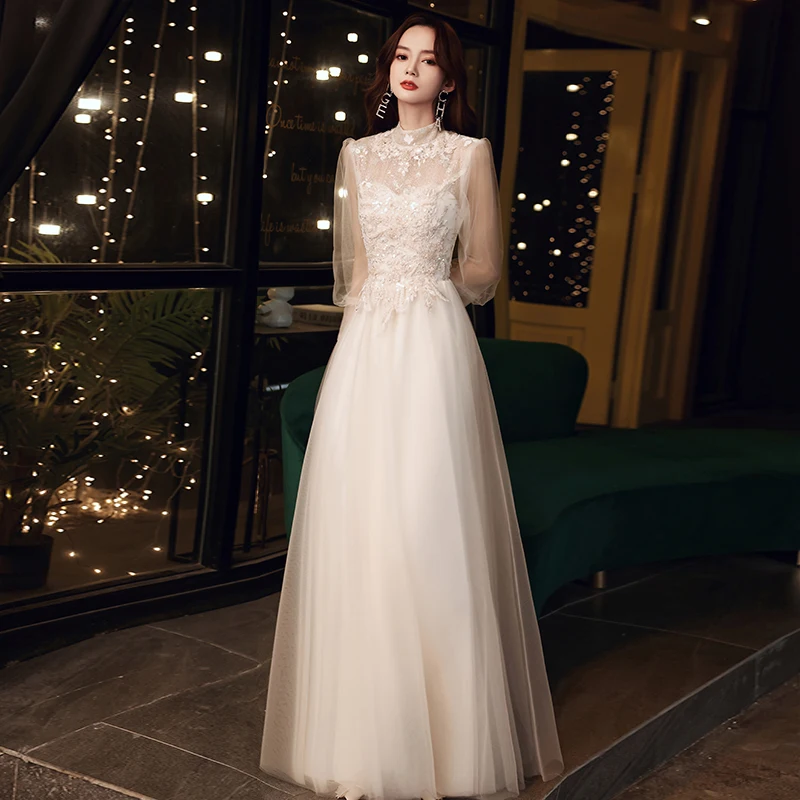 Robe de soiree 2025 New O Neck Champagne Transparent Lace Embroidery A-line Long evening Dress Vestido de festa Prom Dresses