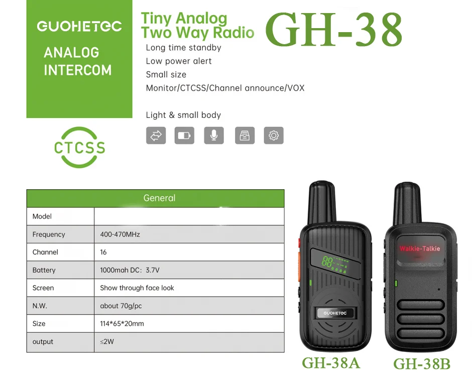 

GUOHETEC GH-38 Tiny Analog Walkie Talkie Two Way Radio 400-470MHZ Long Time Standby CTCSS Light Small Body