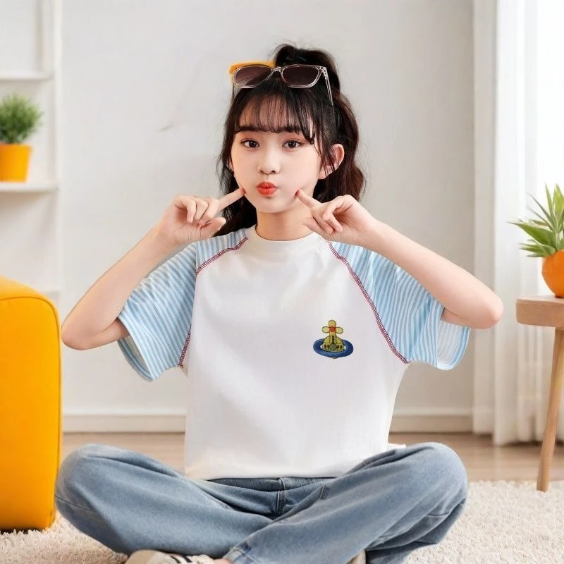 Girls Summer T-Shirt 100% Cotton Striped Raglan Sleeve Colorblock Top for Big Kids Short Sleeve Casual Basic Tee Kids Clothing