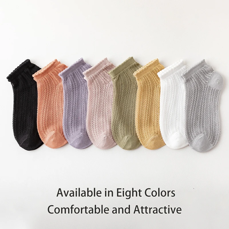 5 Pairs of Women\'s Spring Summer Four-seasons Solid Color Breathable Mesh Lace Simple and Fashionable Comfortable Short Socks