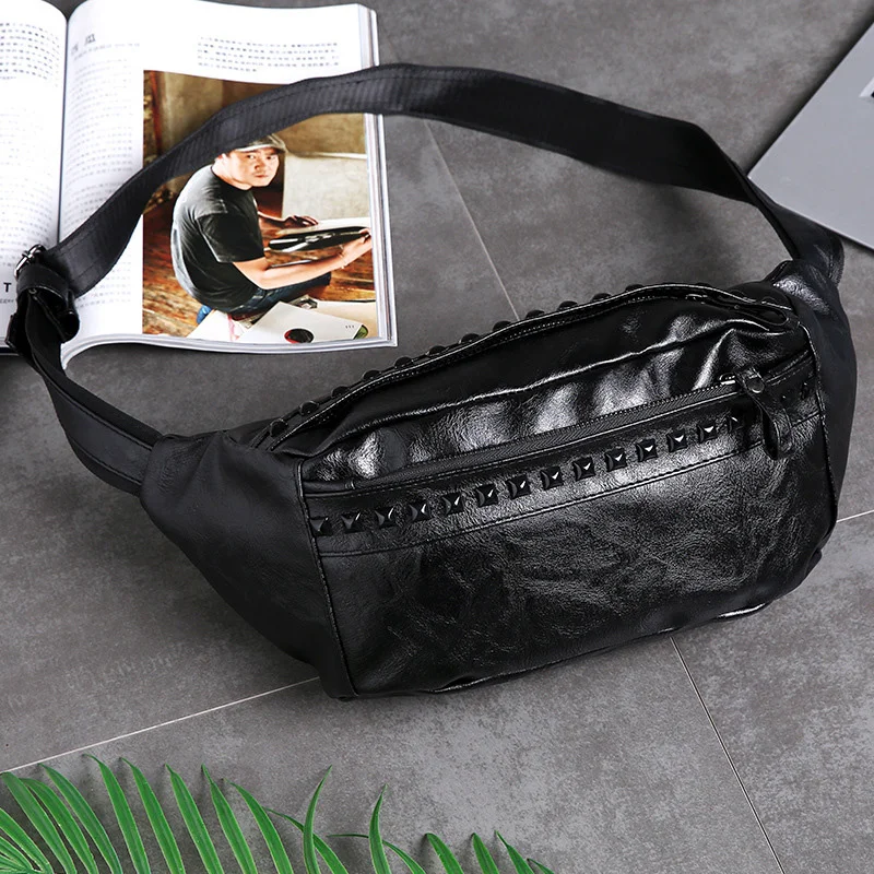 New Men\'s Waist Bag Fashion Rivet Man Fanny Pack High Quality Soft Leather Chest s Waterpoor PU Shoulder s Travel Boys