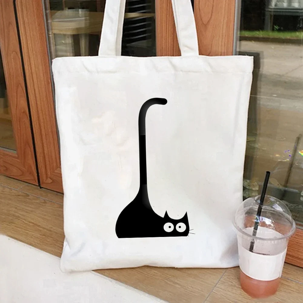 1pc Minimalist Black Cat Print Canvas Tote Bag, Reusable Shoulder Bag with Cute Silhouette, Ideal for Cat Lovers & Casual Days