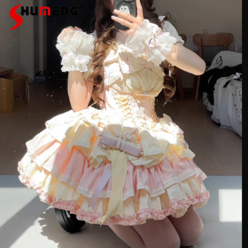 

Ladies Y2k Dresses French Style Beautiful Sweet Off-Shoulder Pink Yellow Vestidos Headband Sleeves Halter Neck Accessories Set