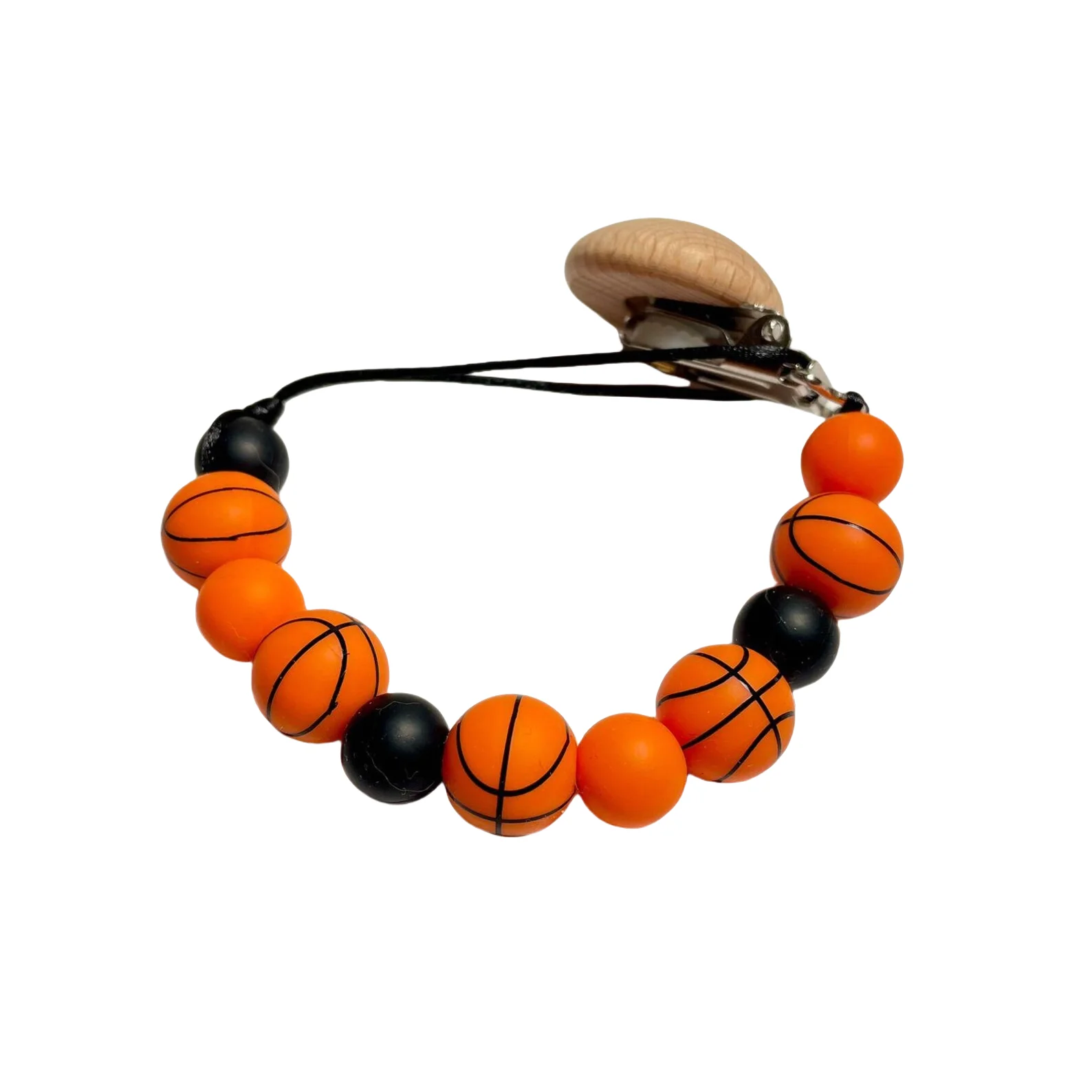 Sports Themed Wooden Pacifier Leash Basketball Football Shaped Beads Baby Teether Holder Clip for Infants