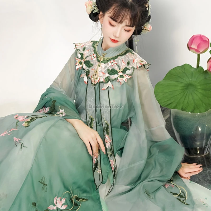 2024 chinese traditional ming dynasty hanfu women cloud shoulder standing collar long pleated skirt loose elegant hanfu set b72