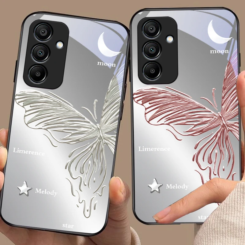 Metallic Butterfly For Samsung Galaxy A15 5G 54 4G 51 50 24 35 90 71 12 51 53 52S 80 22 34 Black tempered glass phone case