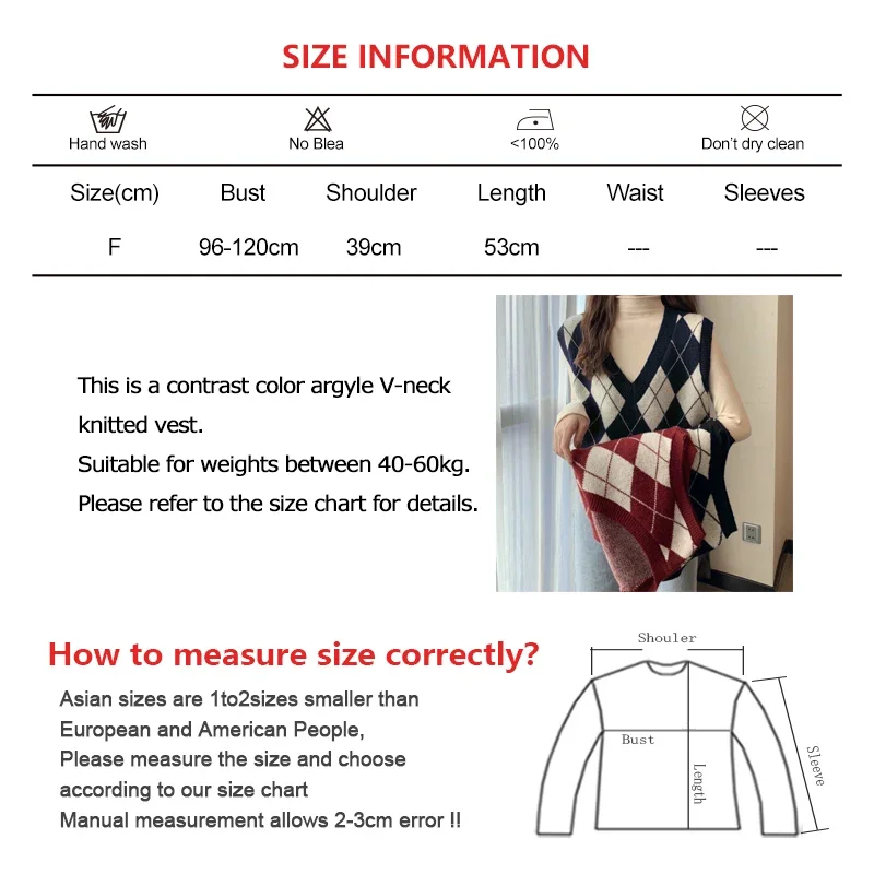 Women Contrast Color Argyle Vest Preppy Style V-neck Fall Sweater Vest Vintage Sleeveless Pullover Loose Knit JK Waistcoat Tops