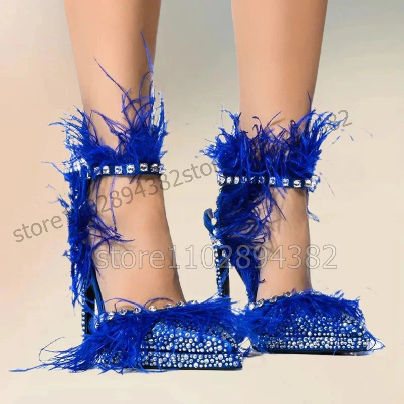 

Blue Feather Rhinestone Decor Pointed Toe Pumps Buckle Strap Women Shoes Thin High Heels Party Feast 2025 Zapatos Para Mujere
