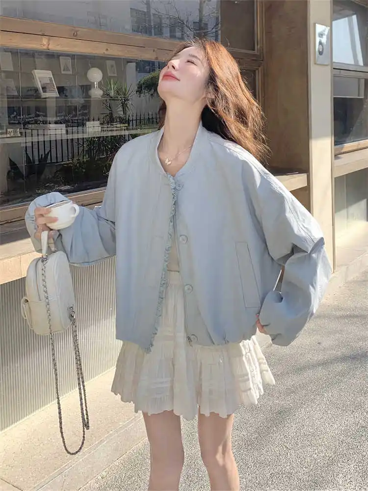 

Lace Blue Casual Short Jacket For Women's Spring And Autumn 2025 New Baseball Jacket Top