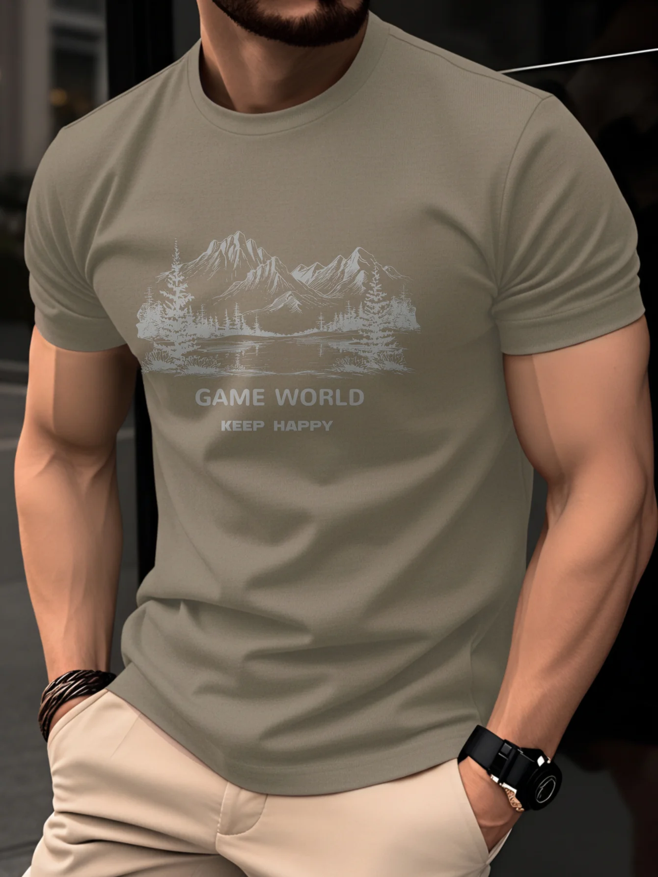Summer 100% Pure Cotton Men's Fashionable Casual Simple Black and White Landscape Printed Round Neck Short Sleeved T-Shirt Top