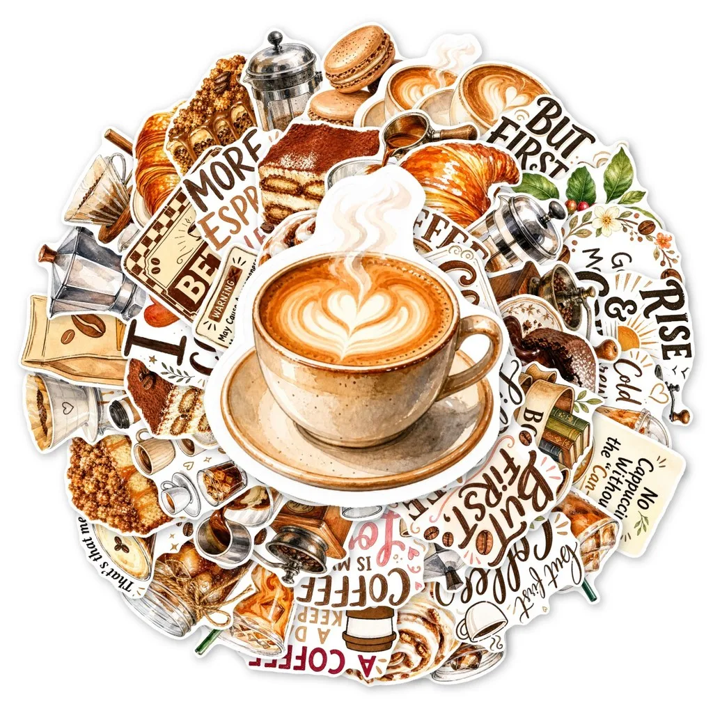 50Pcs Coffee Quote Vibe Sticker Pack, Baking Dessert Coffee Bean Pattern Decals for Gift Sealing & Package DIY Papery Pop Store