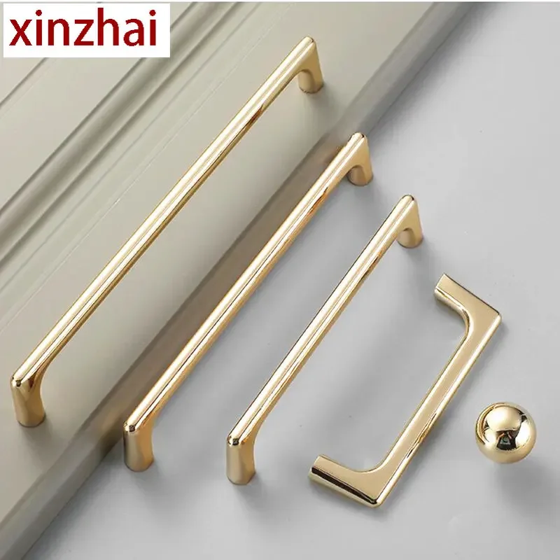 European Bright Gold Cabinet Handles Solid Zinc Alloy Kitchen Cupboard Drawer Knobs Furniture Gold Door Pulls