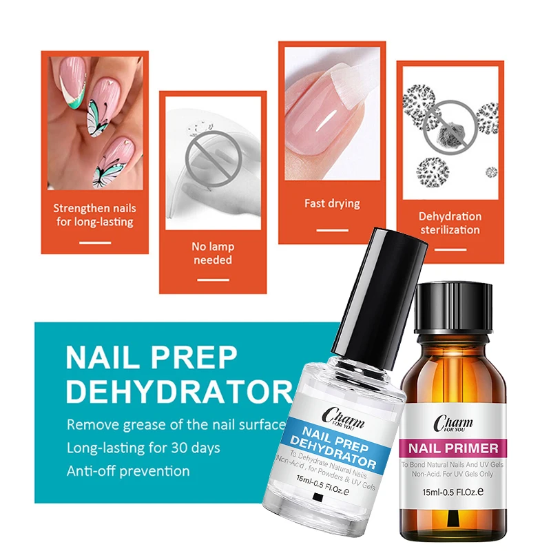 Kit per la preparazione delle unghie in gel da 2 pezzi, agente di asciugatura da 15 ml e rivestimento di base senza acidi, senza alcol, per unghie in gel, pedicure, mani e cura delle unghie