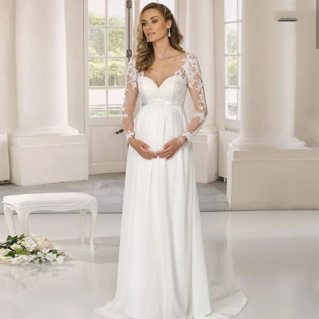 

Customized Pregnant Women Wedding Dress Lace A-Line Chiffon Long Sleeve Sweetheart Bridal Gown Appliques Vestidos De Noiva