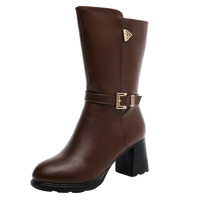 

2026 7cm Comfortable THick Block Heels Soft Leather Boots Platform Shoes Winter Womens Warm Mid Calf Plush Long Boots Office Mom