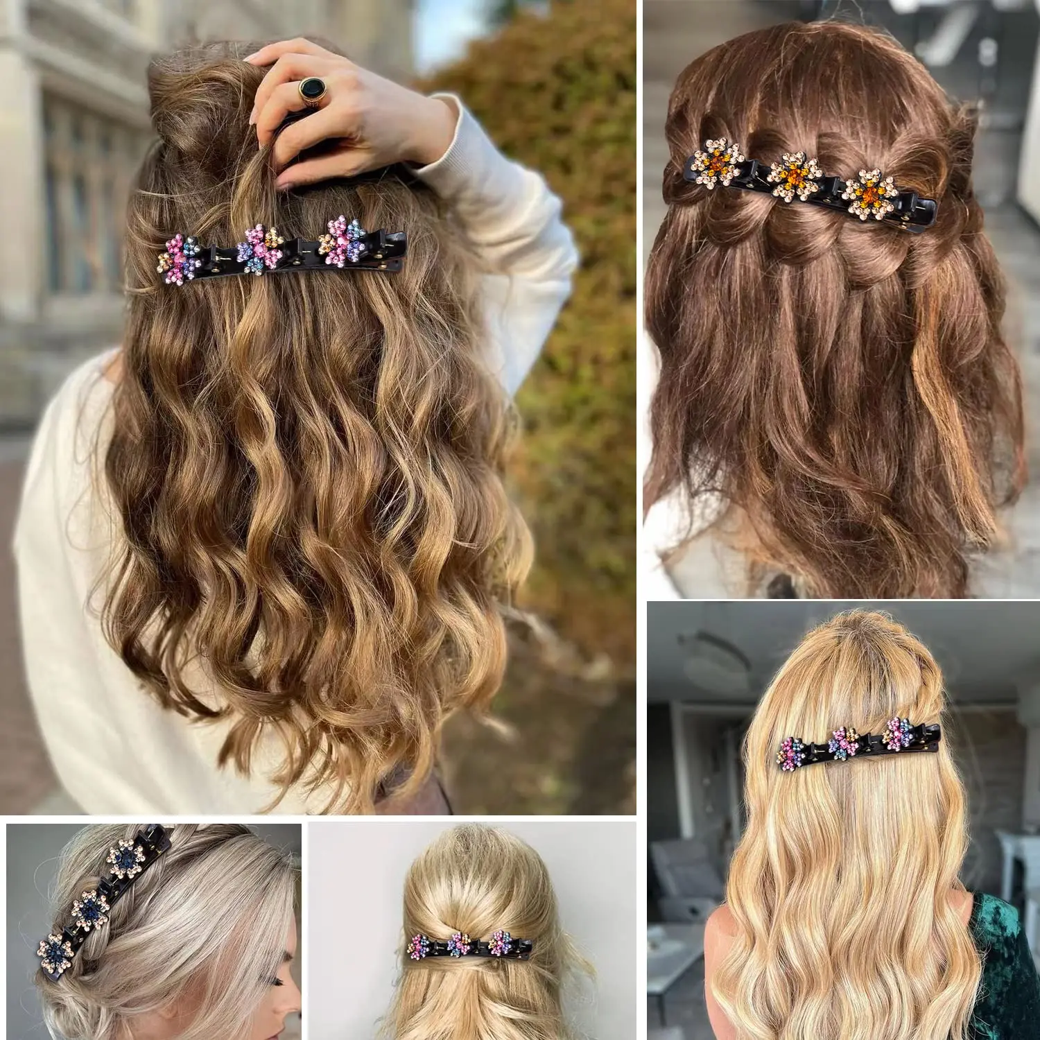 8pcs Sparkling Crystal Stone Braided Hair Clips for Thick Thin Hair, Girls / Women Hair Accessories for Styling Sectioning