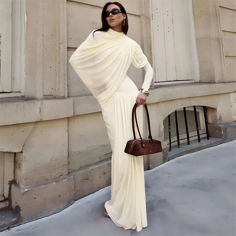 Ivory Wrap Cape Prom Dress Sexy Sheath High Neck Full Sleeves Ruffles Long Party Gown Autumn Formal Wedding Guest Birthday Robe