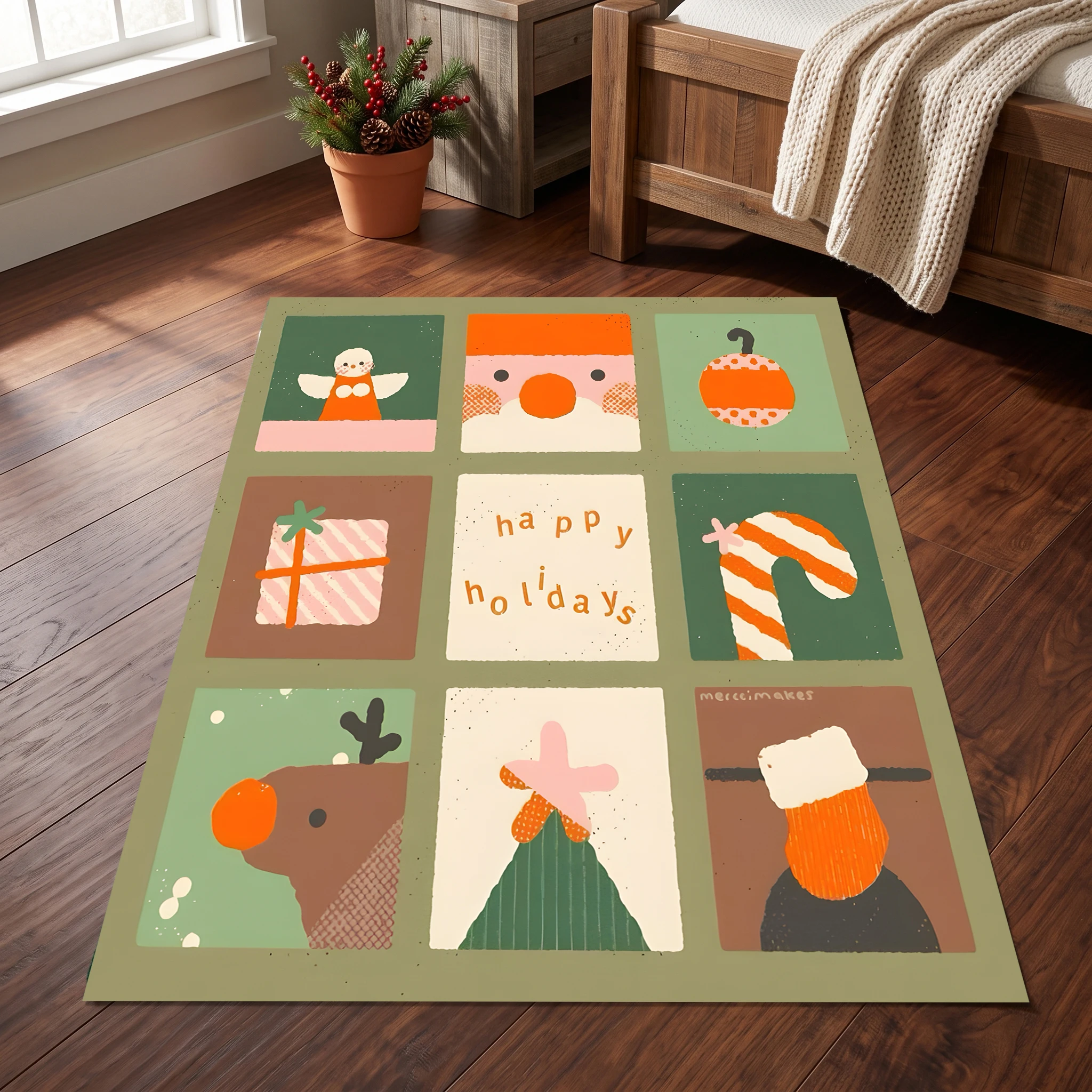 Velvet Rug Cute Christmas Nine Square Grid Design Happy Holidays Slogan for Bedroom Entryway Living Room Decor